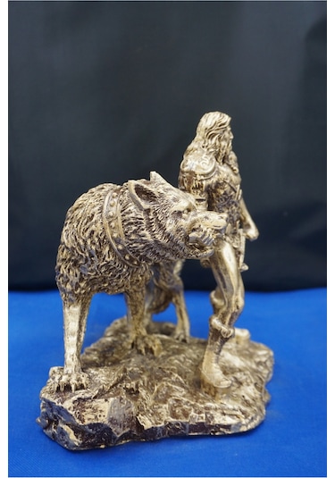 Tyr Savaş Tanrısı Heykeli - Kurtlu Try Biblo - 26 Cm Mitolojik Obje Hediyelik Dekor Altın