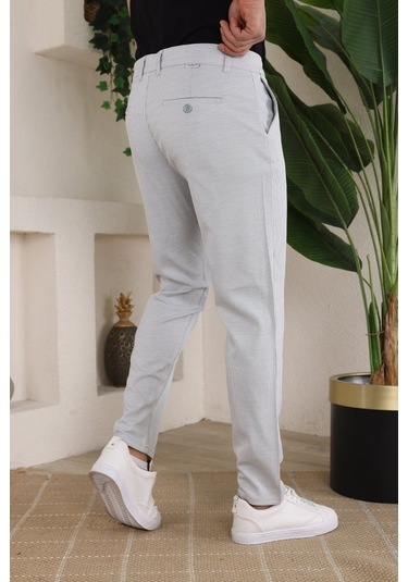 Erkek Casual Slim Fit Cord Desenli Kumaş Pantolon Gri
