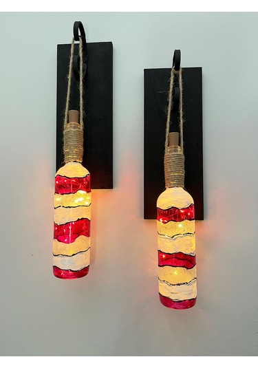 Ahşap Kırmızı Renkli Vitray Cam Şarap Şişesi Duvar Aplik 2'li Kırmızı