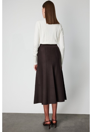 On Kadın Pileli Midi Triko Etek 65210 Kahverengi Kahverengi