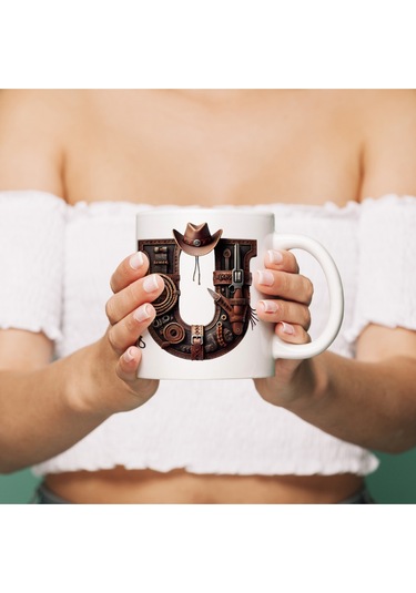 U Harfi Kovboy Temalı Bardak 330 Ml İsim / Harf Kişiye Özel Hediye - Vahşi Batı Konsept Beyaz