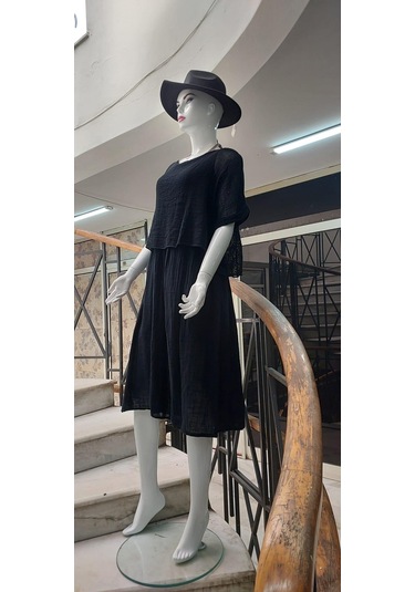 İtalyan Müslin Keteni Üstü File Bluzlu Astarlı Tek Parça Elbise Siyah