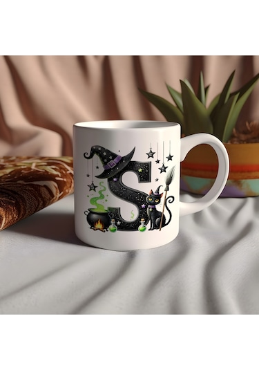 S Harfli Halloween Kedili Figür Kupa Bardak - Şapkalı Ve Kazanlı İsme Özel Kupa - Hediye Beyaz