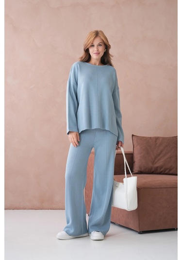 Kadın Bisiklet Yaka Düşük Kol Kazak Pantolon İkili Triko Takım Açık Mavi
