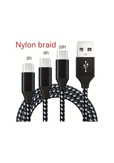 Willowhaven Siyah Beyaz 10 Feet Usb Type-c Hızlı Şarj Kablosu 3a Samsung Galaxy Uyumlu Lg İçin Nylon Örgülü