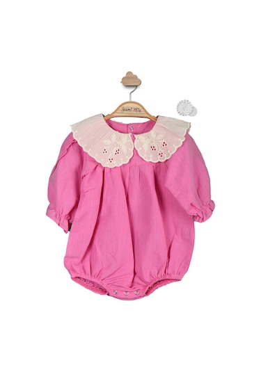 Fisto Yaka Keten Kız Bebek Romper Toka Takım 001