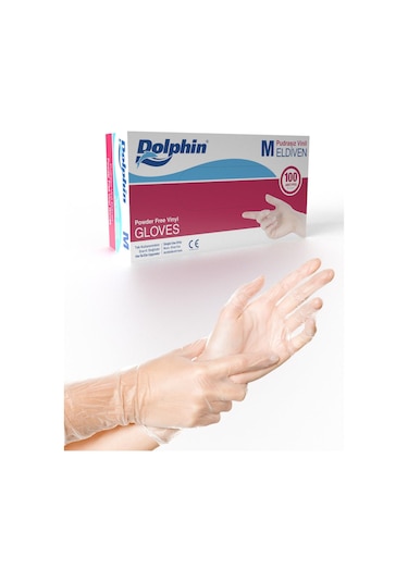 Dolphin Pudrasız Vinil Vinyl Tek Kullanımlık Eldiven Şeffaf Medium Orta Boy - 100'lü 5 Paket