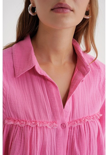 4677 Kadın Dantel Detaylı Müslin Gömlek Pembe Pembe