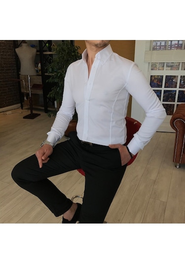 Italyan Stil Slim Fit Dik Yaka Saten Erkek Gömlek Beyaz T4754