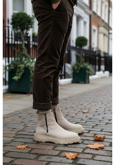 Muggo Chelsea Hakiki Deri Çift Fermuarlı Garantili Erkek Kışlık Bot Kum