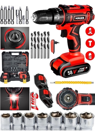 Mager Metal Şanzıman Darbeli 58 Watt 8 Ah Alman Li-ıon Bataryalı Çift Akülü Vidalama Matkap