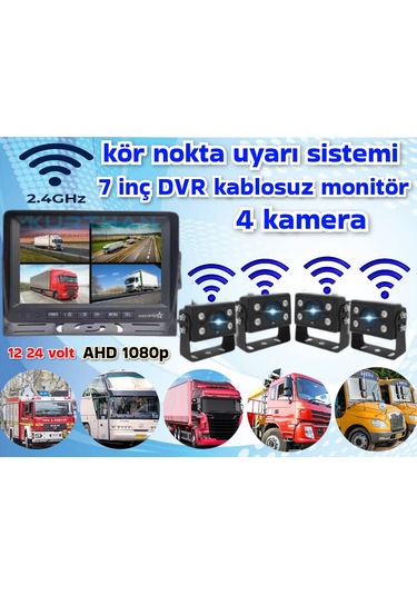 4 Adet Kablosuz Kamera Ahd 1080p 7 İnç Dvr Monitör Bsd Kör Nokta Sistemli 12 24 V