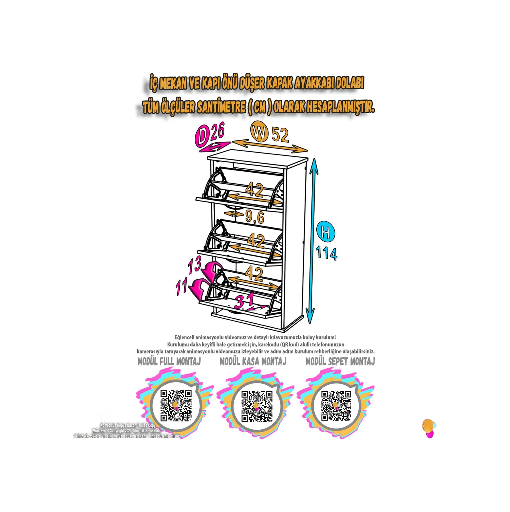Uygar Ceviz Renk Asma Ayakkabılık Kapı Önü 3 Düşer Kapak 6 Göz Raf Bölme Ayakkabılık 52x115x25,5 Cm Ceviz