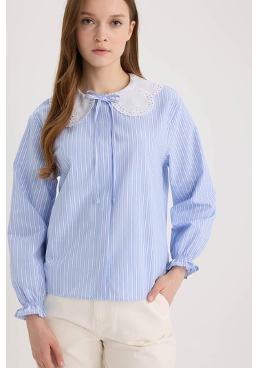 DeFacto Regular Fit Geniş Yakalı Çizgili Poplin Uzun Kollu Gömlek Tunik E4354AX25SPBE40 Mavi