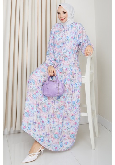 Elera Desenli Yarasa Kol Tesettür Elbise 1572 - Lila Lila