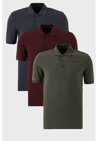 Buratti Pamuklu Regular Fit Düğmeli Polo Yaka 3'Lü Paket Erkek T Shirt 5902127S3 Vişne-Antrasit-Haki