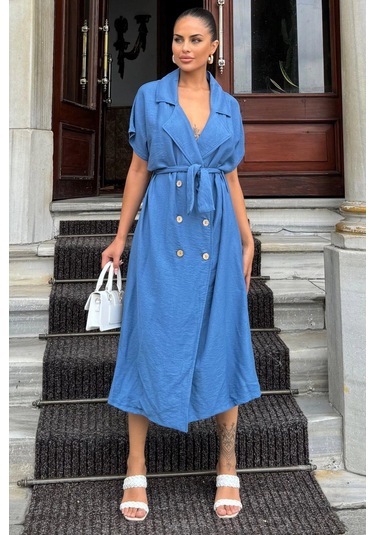 Kadın İndigo Kruvaze Yaka, Kısa Kollu, Kemer Detaylı, Rahat Kesim, Midi Keten Elbise Indigo