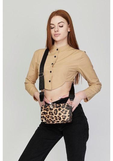 Morpelikan Leopar İki Bölmeli Kolon Askılı Kadın Omuz Çan Kahverengi