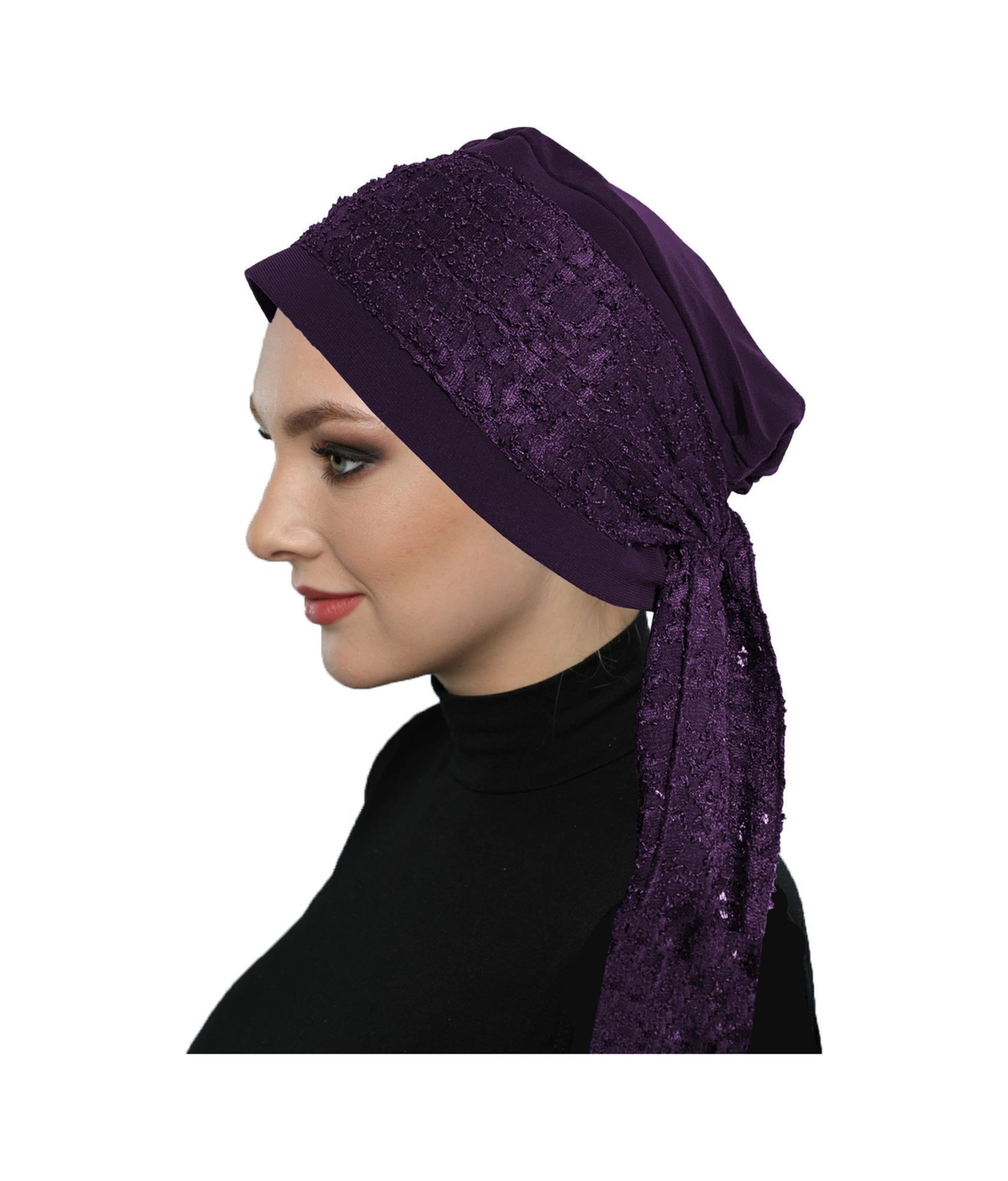 Dantel Bandana Mor Hazır Türban Tesettür Bone Mor