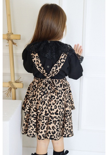 Kız Çocuk Helen Leopar Askılı Kat Kat Bağlama Jile Elbise Dantel Detay  Uzun Kollu Bluz Takım
