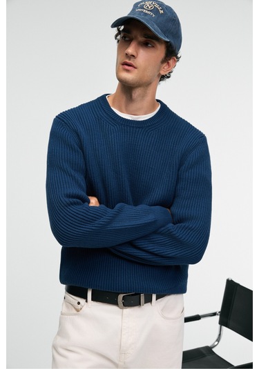 CABLIN Erkek Yuvarlak Yaka Regular Fit Triko İndigo Kazak