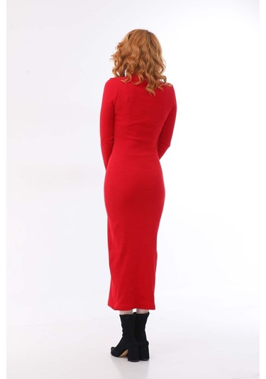 Kallima Kırmızı Bodycon Dik Yaka Uzun Kollu Fitilli Elbise-130 Cm Kırmızı