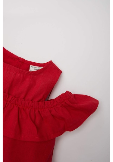 DeFacto Kız Bebek Bisiklet Yaka Flamlı Poplin Kısa Kollu Bluz E2849A525SMRD54 Kırmızı