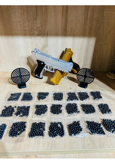 Boncuklu Altın Ve Gümüş Renk Boncuk Atan Silah 2 Adet + 2 Adet 9 Cm Hedef + 21 Paket Boncuk Karışık
