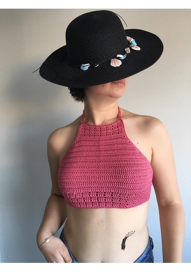 Tuyy El Örgüsü Özel Tasarım Pembe Renk Bikini Üstü Büstiyer