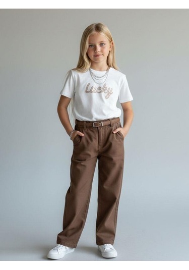 Zekids Kız Çocuk Lucky Baskılı Pamuklu T-shirt-16886 Ekru Kahve