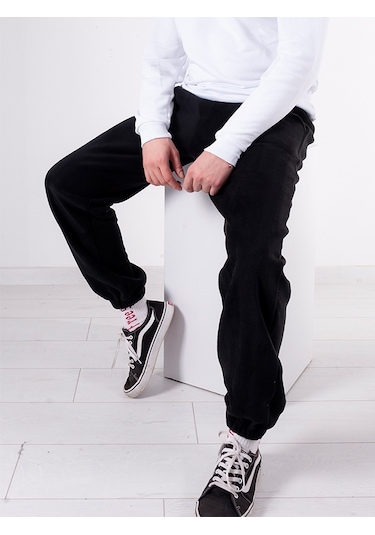 Kadın Erkek Siyah Cepli Paçası Lastikli Polar Eşofman Altı Siyah
