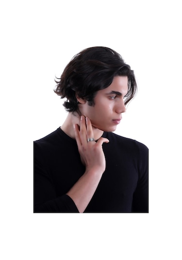 Erkek Antik Gümüş Kaplama Ejderha Baskılı  Yüzük Çok Renkli