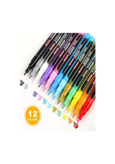 12 Renk Akrilik Markör Keçeli Kalem 1 Adet 12 Li Acrylic Paint Marker Taş Cam Metal Seramik Plastik Tuval Ahşap 0.5 Cm