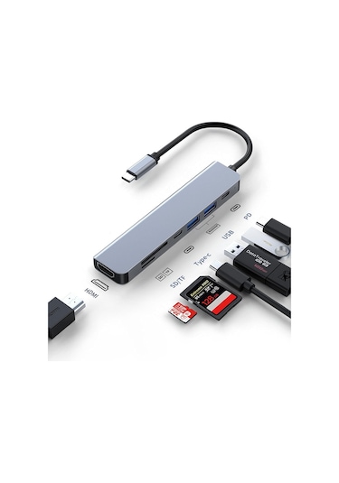7'de 1 Usb C Hub, 4k Hdmı, 100w Pd Şarjı, Veri Bağlantı Noktası, Kart Okuyucu İle Usb C Adaptörü