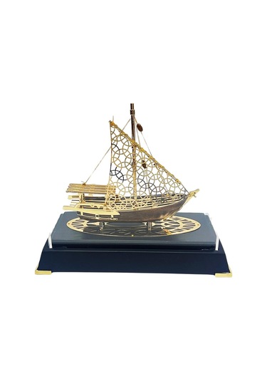 Pirinç Yelkenli Gemi Altın Kaplama Katar Dhow Teknesi Deri Kutulu 23cm No.2
