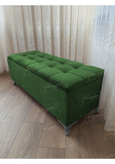 Çizgi Kapitoneli Sandıklı Puf 110 Cm Gümüş Ayak Yeşil