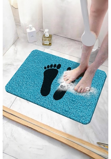 Ayak İzli Banyo Paspası Kaymaz Taban Yumuşak Ve Esnek Paspas Islak Zemin Hijyenik Paspas 40x60 Cm Mavi