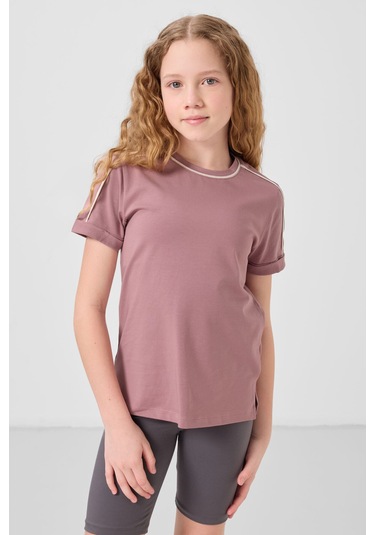 Gül Kurusu Pamuklu O Yaka Standart Fit Basic Kız Çocuk T-shirt - 75177 Gülkurusu
