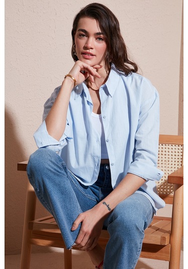 Lela Pamuklu Regular Fit Uzun Kollu Düz Bayan Gömlek Cf25S168305 Mavi