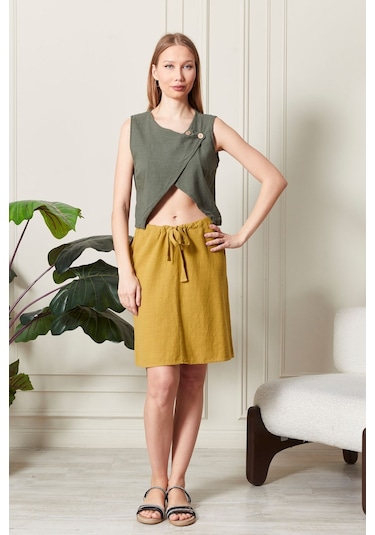 Şık Farklı Tarz Keten Işıl Bluz - Zarif Ve Modern Tasarım Haki