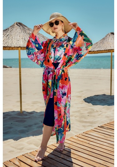 Remsa Tesettür Mayo Üzerine Tek Kaftan Kimono Pareo Lacivert02 Rp030 Flowers Lacivert