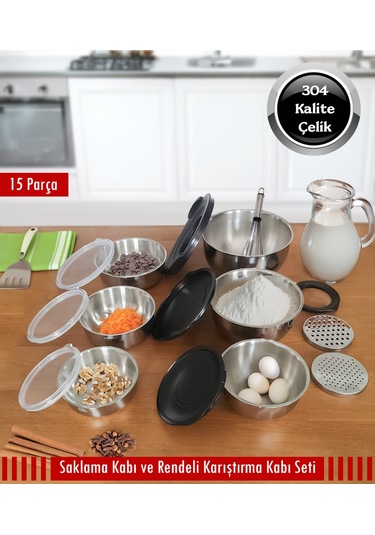 Steel&More Çelik Rendeli Saklama Kabı 9parça Ve 3'lü Saklama Kabı 15 Parça Set Gri