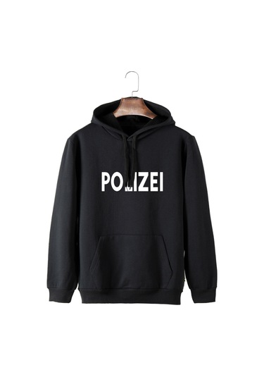Unisex Siyah Kapüşonlu Polizei Baskılı Slim Fit Kanguru Cepli Sweatshirt Siyah