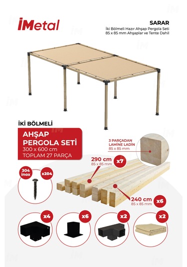 Sarar İki Bölümlü Ahşap Pergola Seti Ahşaplar Ve Tente Dahil