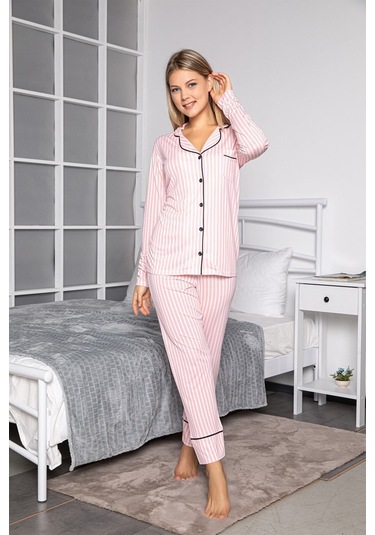 Kadın Pembe Renkli Pamuklu Likralı Düğmeli Çizgili Biyeli Pijama Takımı 70051 Pembe