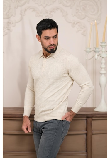 Woolen World Polo Yaka Slimfit Desenli Yünlü Erkek Triko Kazak Krem