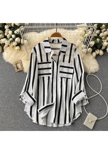 Novahub Yaz Yeni Orta Uzunlukta Dikey Çizgili Çok Renkli Gömlek Ceket Kadın Kore Tarzı Rahat Gevşek Üstler Siyah - L Siyah