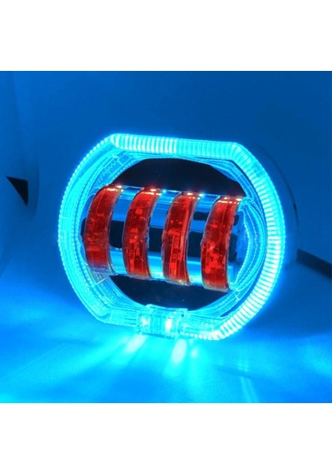 Motosiklet Elektrikli Araç Genel Modifikasyon Led Far 4 Boncuk Çift Lens Lambaları, Stil: Buz Mavisi Diyafram+kırmızı Şeytan Gözü