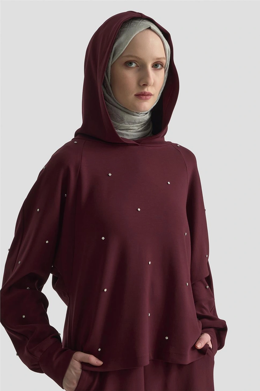 Armine Taşlı Kapüşonlu Sweat 25kd4031 Mürdüm Mürdüm