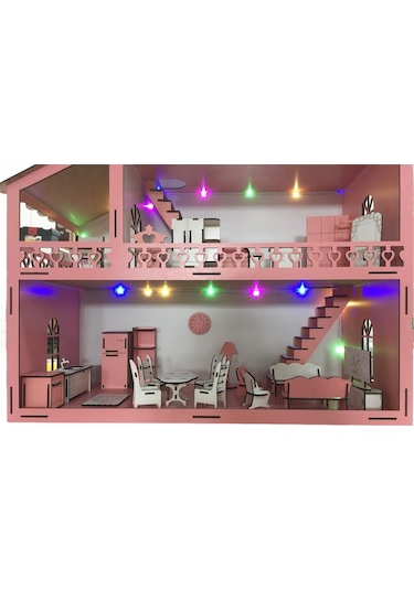 Ahşap Oyun Evi 100Cm 36 Eşya Pembe Led Işıklı